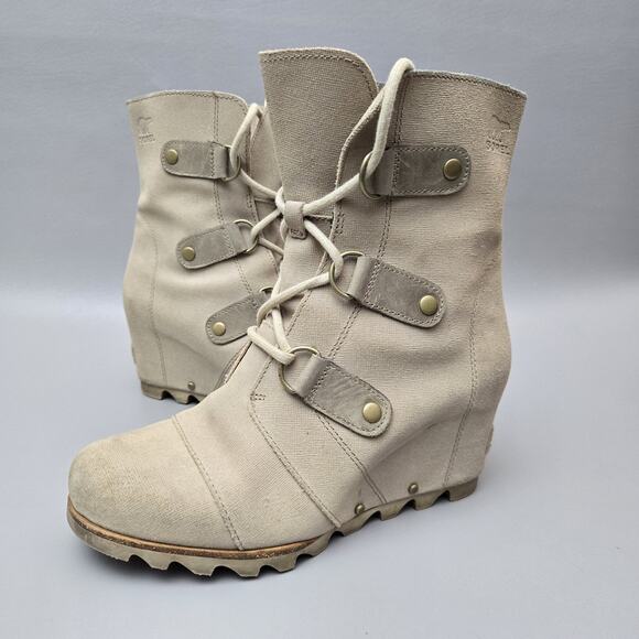 Sorel Joan of Arctic Wedge II Linen Soft Taupe Leather Mid Ankle Booties Size 8 - Picture 1 of 16